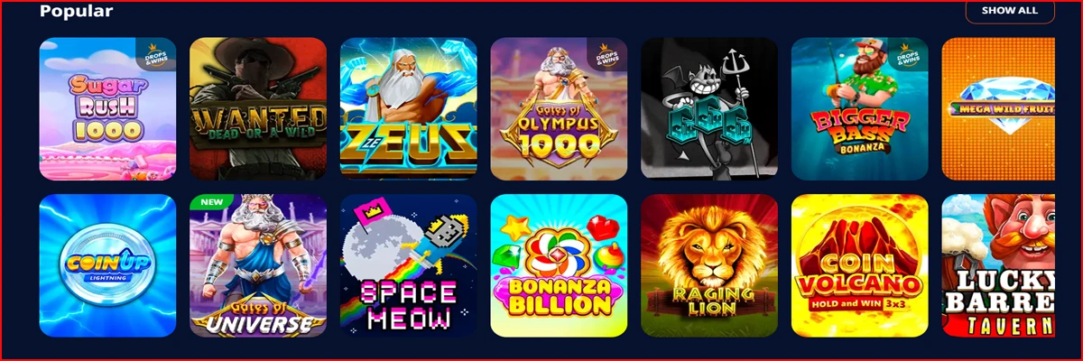 Games Selection at Monro Casino